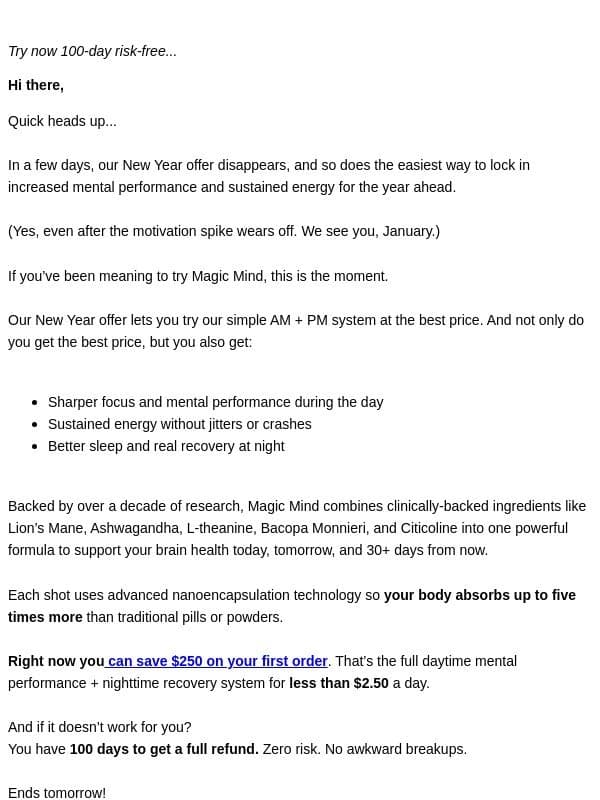 Ends tomorrow: Save $250+ email from Magic Mind