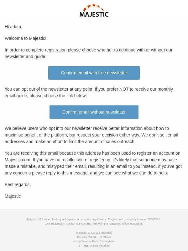 Activation of Majestic account email from Majestic