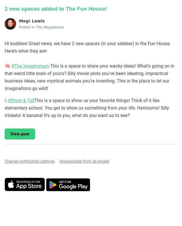 2 new spaces added to The Fun House! email from Meg Lewis