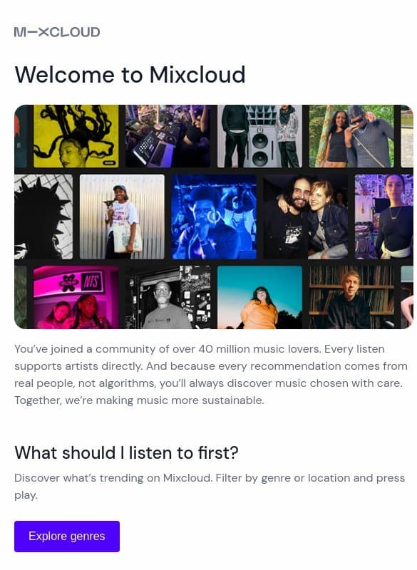 Welcome to Mixcloud! email from Mixcloud