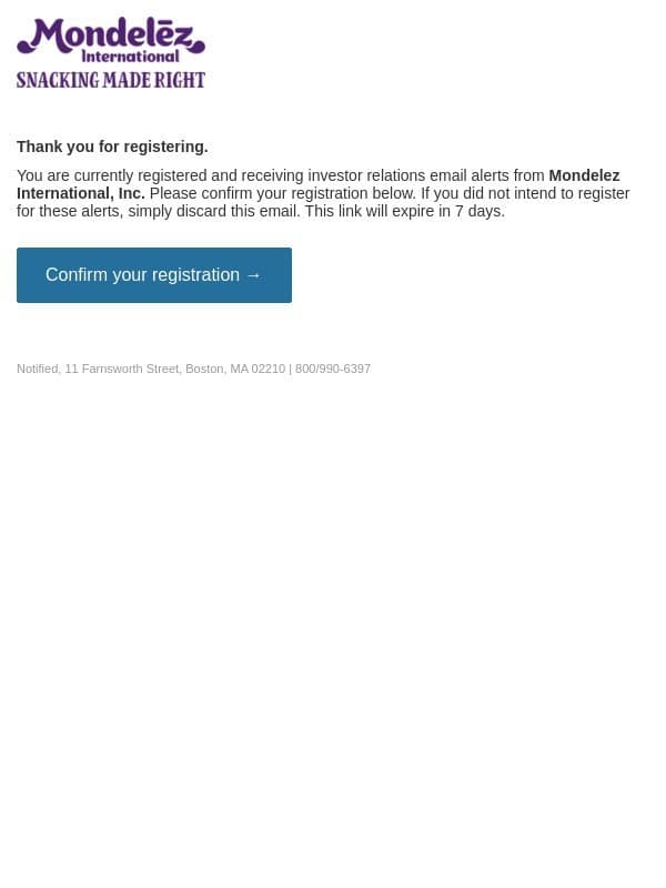 Please confirm your email alert subscriptions for Mondelez International, Inc. email from Mondelez International