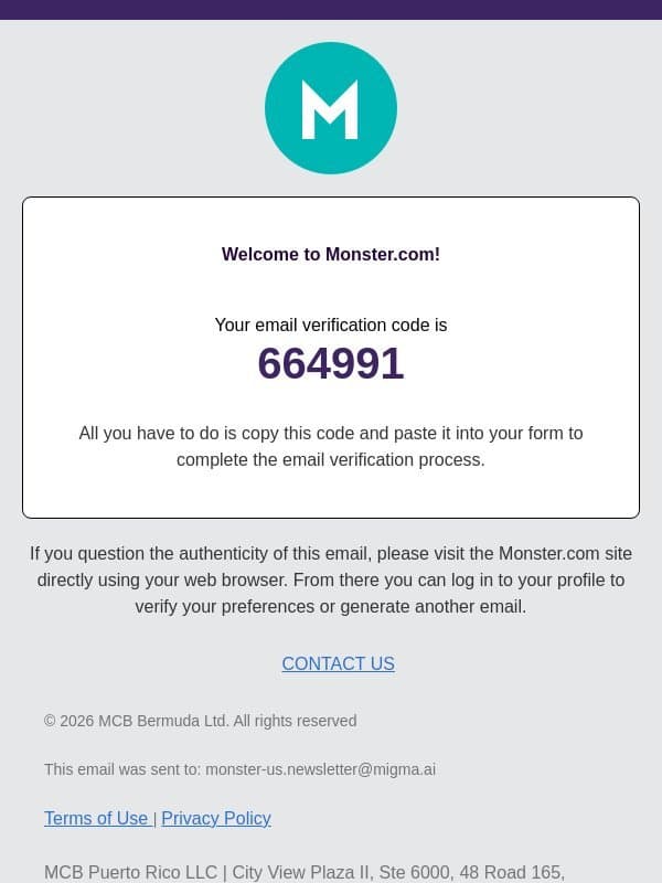 Email Verification Code email from Monster