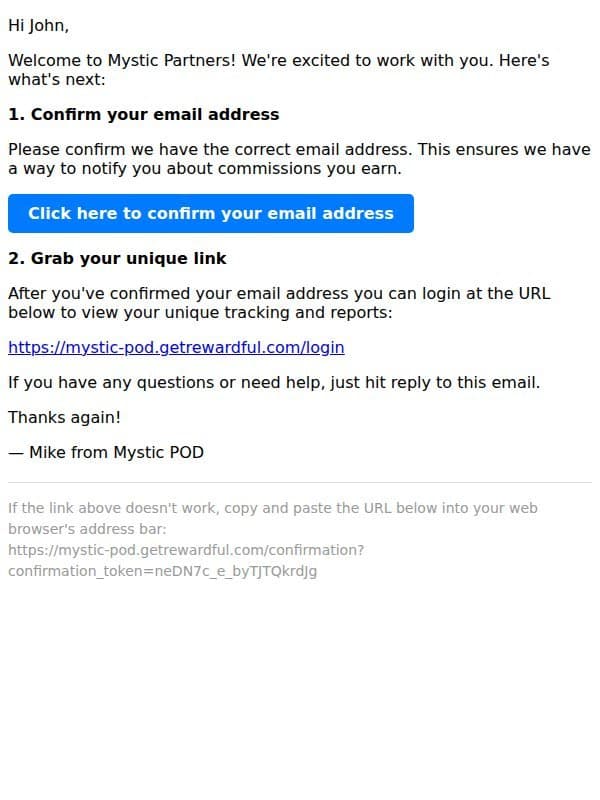 Please confirm your email address email from Mystic POD