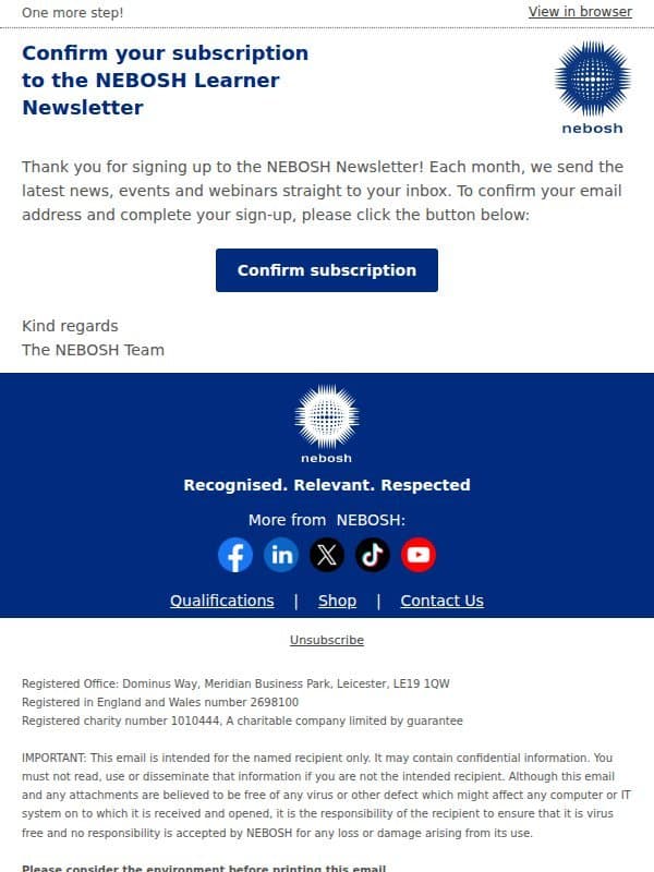 Confirm your subscription to NEBOSH Learner News email from NEBOSH