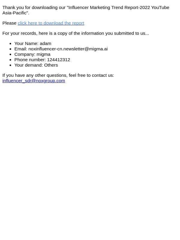 NoxInfluencer Report Download email from Noxinfluencer