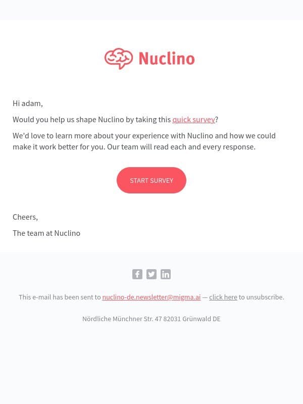 How happy are you with Nuclino? email from Nuclino