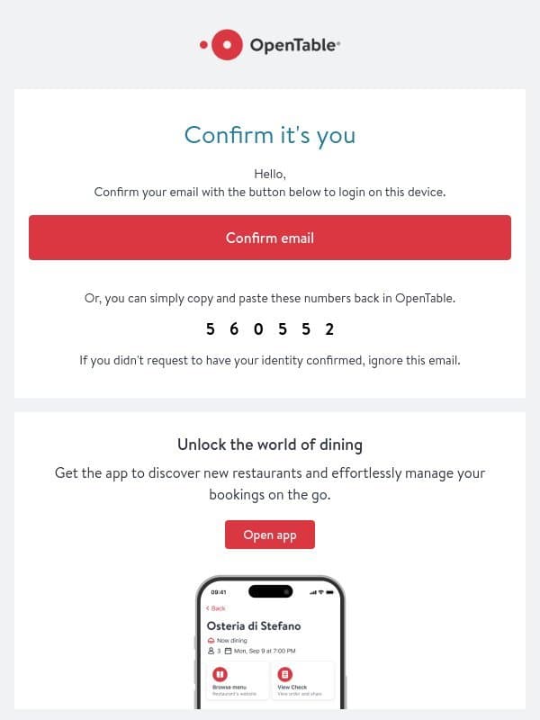 Confirm It's You email from OpenTable