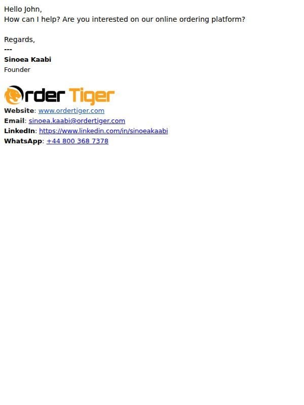 RE: OrderTiger email from OrderTiger