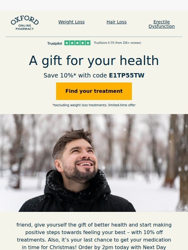 friend, step into Christmas with 10% off email from Oxford Online Pharmacy