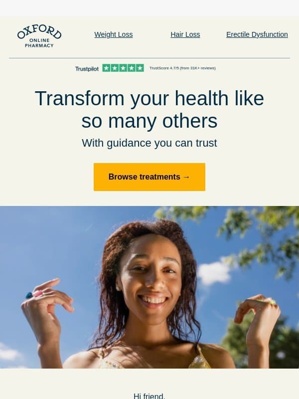 Transform your health like so many others — with guidance you can trust. email from Oxford Online Pharmacy