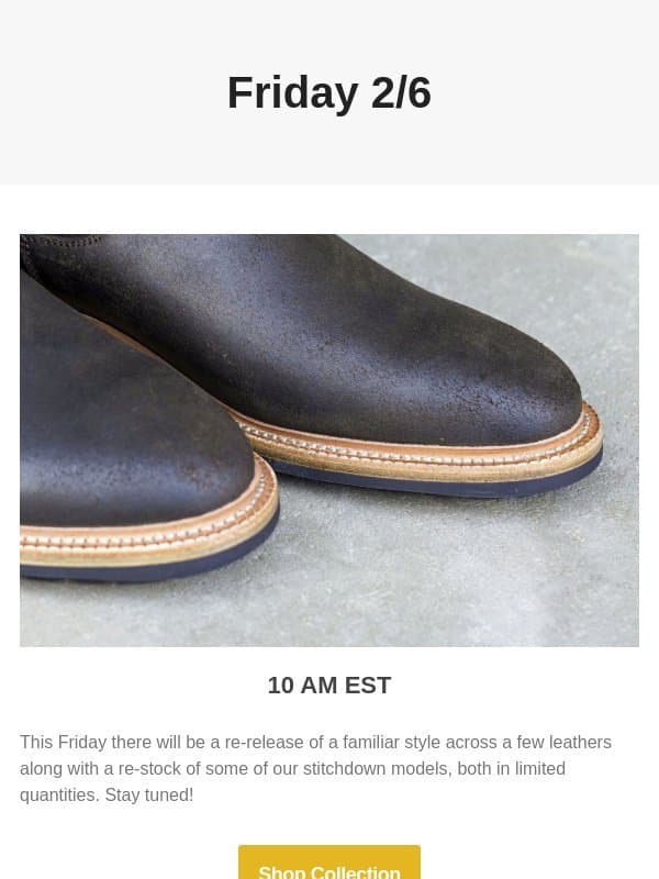 New Drop + Re-stock Friday 2/6 email from Parkhurst