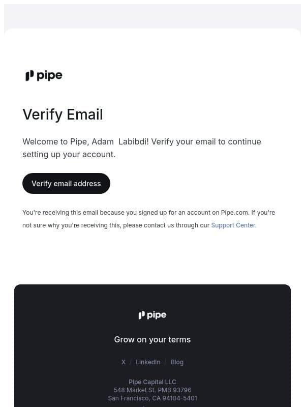 Pipe Email Verification email from Pipe