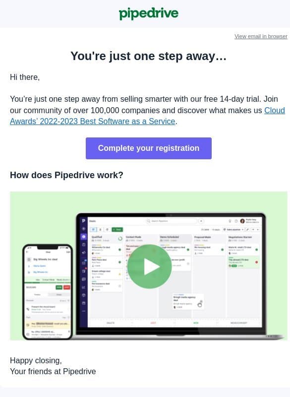 One more step to go! email from Pipedrive