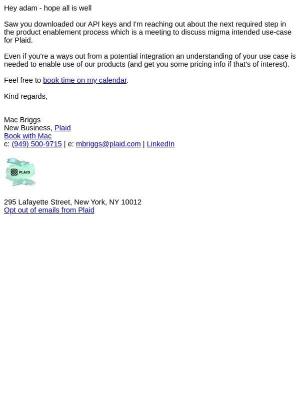 API Key Follow Up email from Plaid