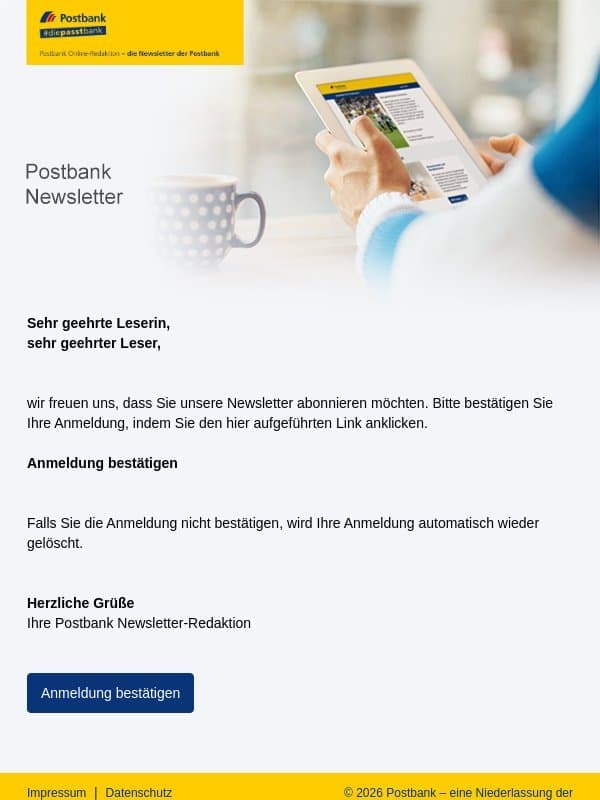 Bitte Ihre Anmeldung bestätigen. email from Postbank