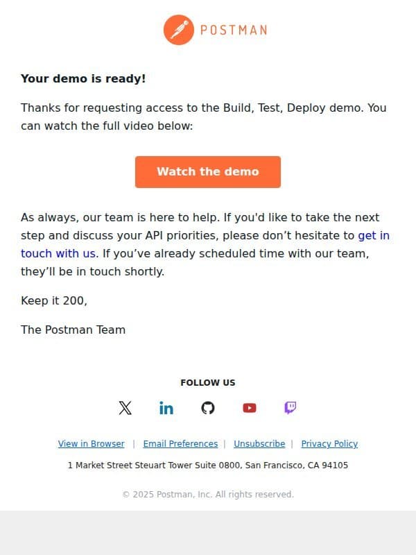The Postman demo you requested has arrived email from Postman