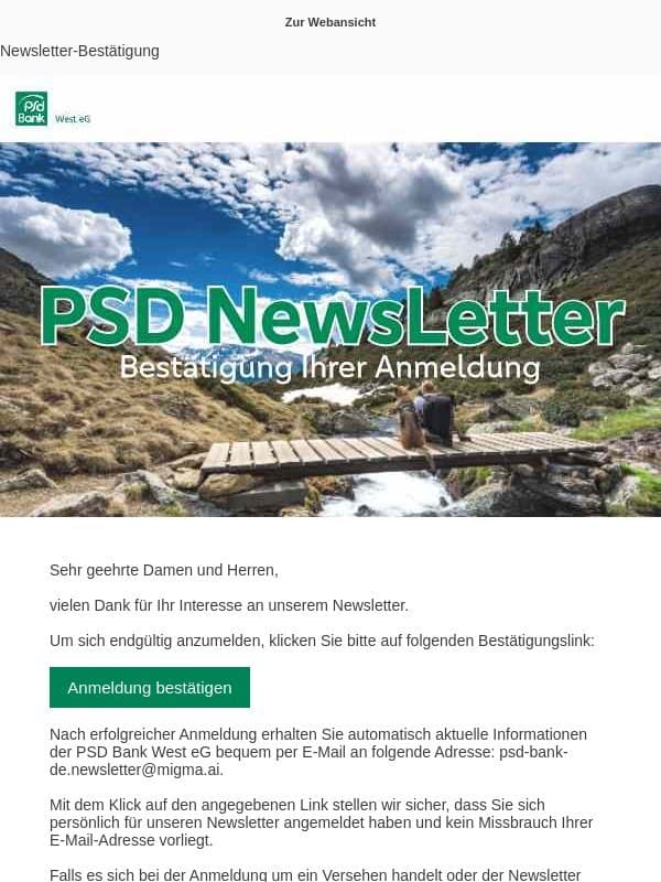 Bitte bestätigen Sie Ihre Newsletter-Anmeldung email from PSD Bank