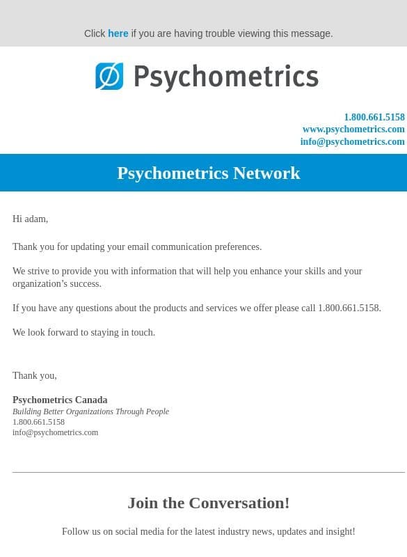 Thank you for subscribing to Psychometrics! email from Psychometrics Canada