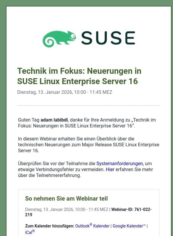 Bestätigung - Technik im Fokus: Neuerungen in SUSE Linux Enterprise Server 16 email from Rancher Labs
