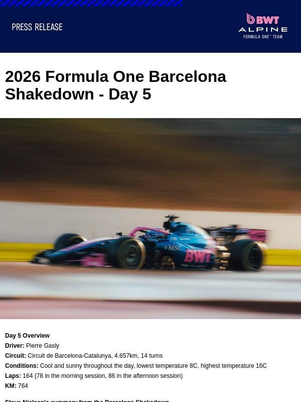 2026 Formula One Barcelona Shakedown - Day 5 email from Renault Group