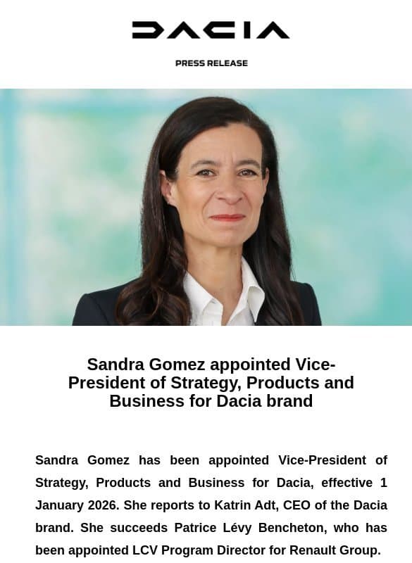 Sandra Gomez appointed Vice-President of Strategy, Products and Business for Dacia brand email from Renault Group