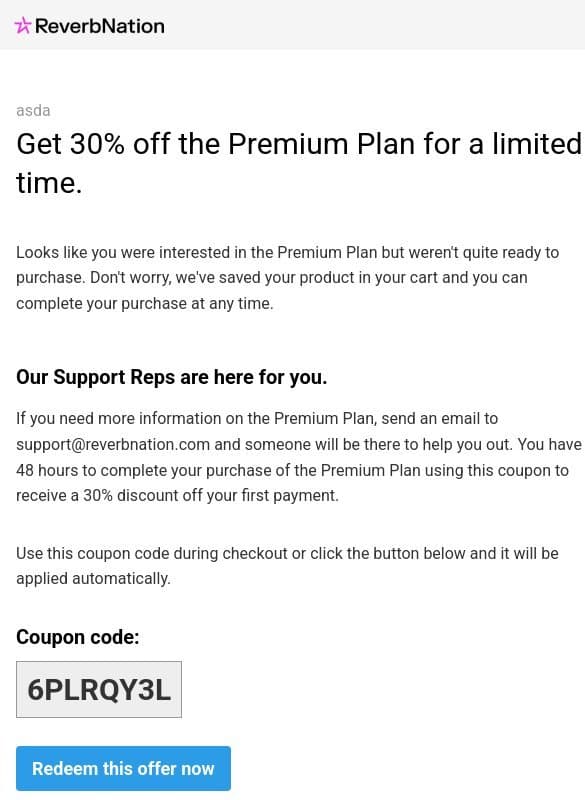 asda, get 30% off the Premium Plan for a limited time email from ReverbNation