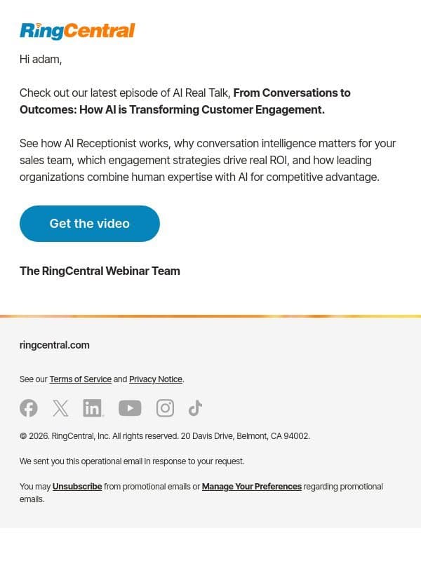 Get the replay: From Conversations to Outcomes: How AI is Transforming Customer Engagement email from RingCentral