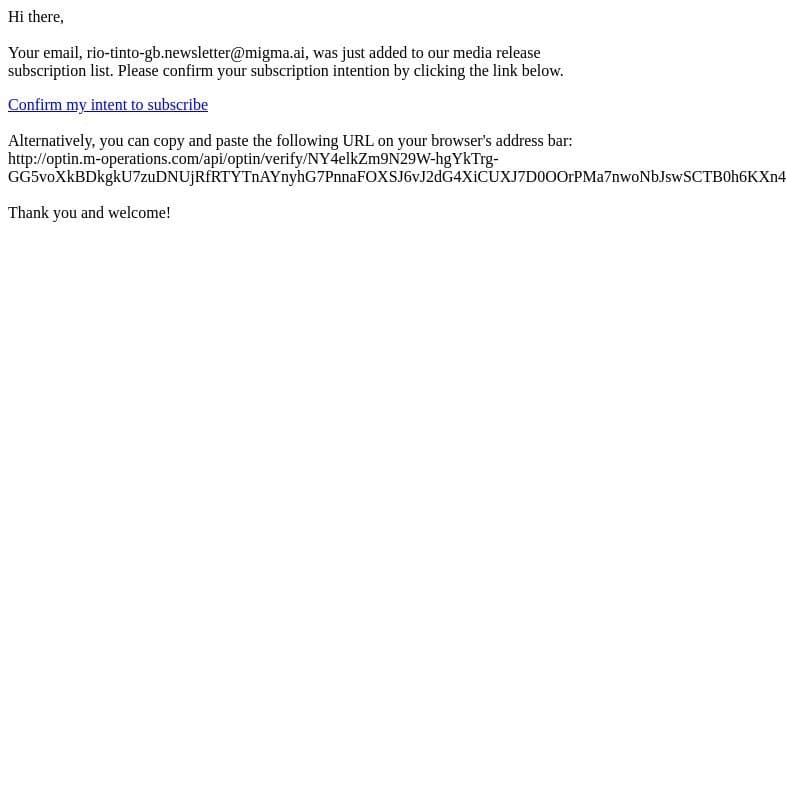 Confirm your subscription to 'Rio Tinto Media Releases' email from Rio Tinto