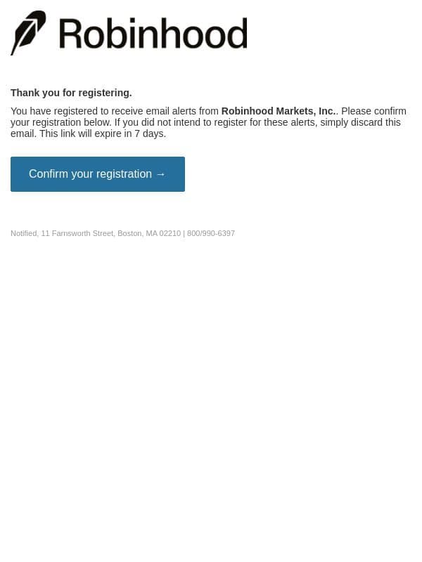 Please confirm your email alert subscriptions for Robinhood Markets, Inc. email from Robinhood