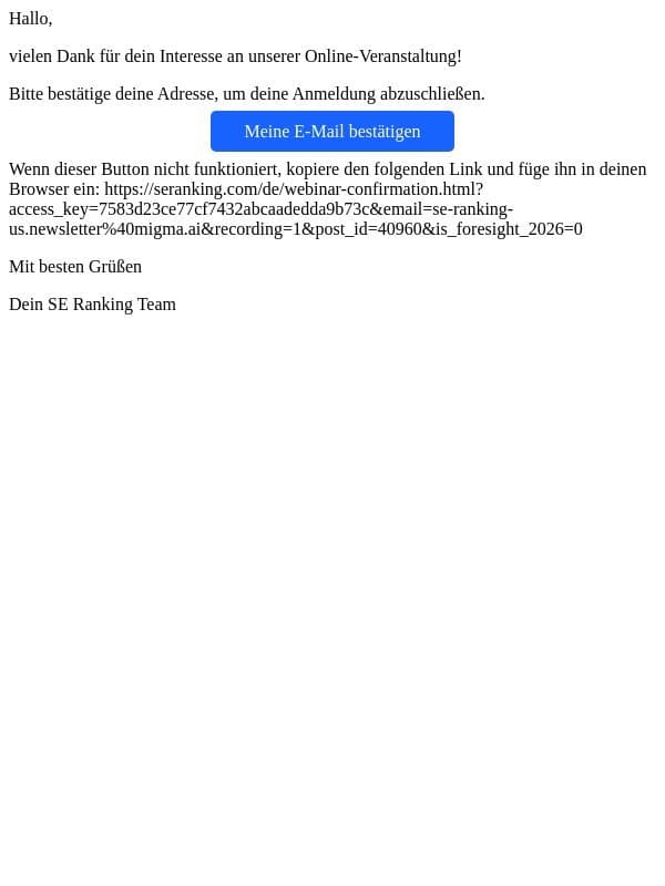 Bestätige deine Registrierung für die Online-Veranstaltung von SE Ranking email from SE Ranking