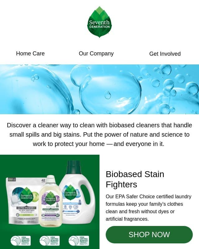 Safer for your family, thoughtfully formulated products email from Seventh Generation
