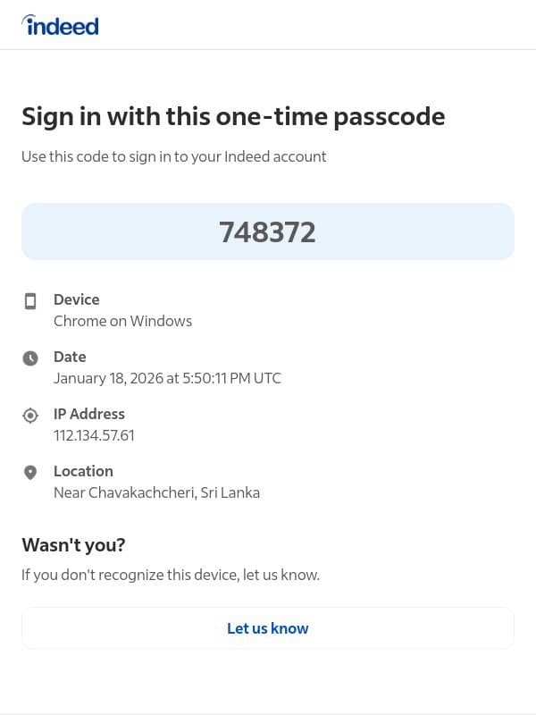 Sign in to Indeed with code: 748372 email from SimplyHired