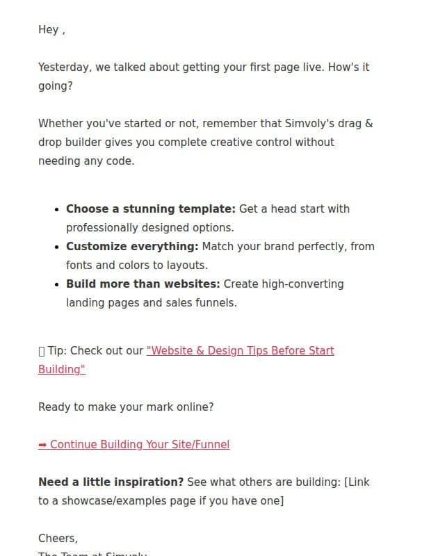 , Did You Launch Your First Page Yet? email from Simvoly