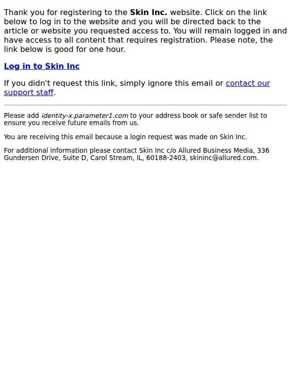 Your personal login link email from Skin Inc. (LED Mask products)