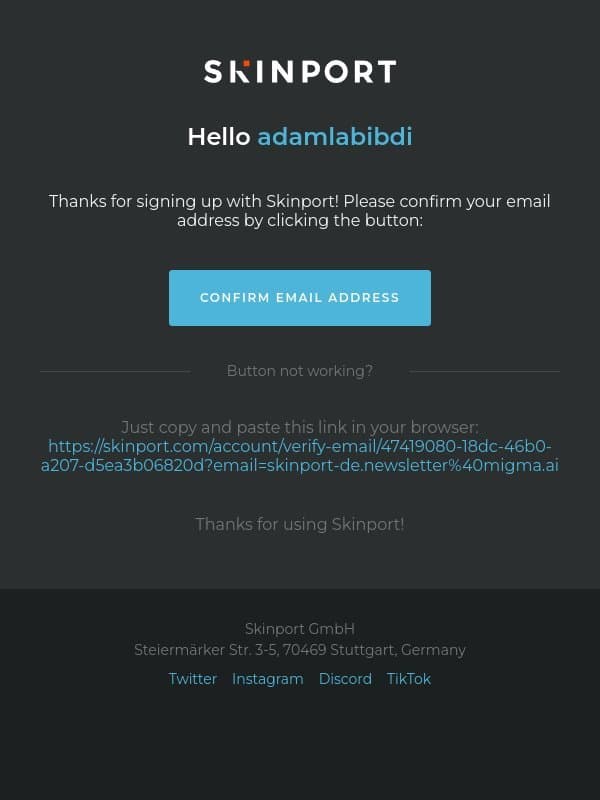 Confirm your email address for Skinport email from Skinport