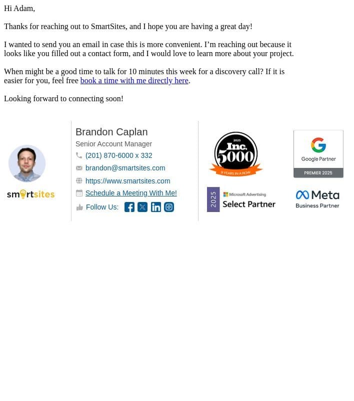 Adam + SmartSites: Thanks for Reaching out! email from SmartSites