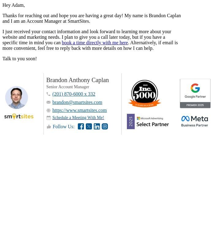 Adam + SmartSites - Quick Introduction email from SmartSites