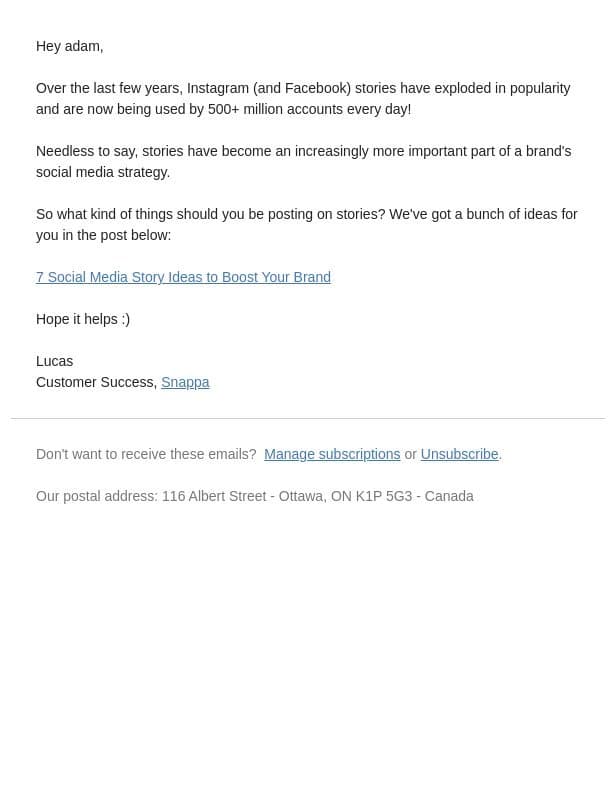 7 Social Media Story Ideas to Boost Your Brand email from Snappa
