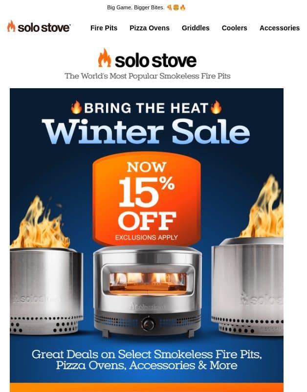 Bring the Heat Sale: 15% off top gear! email from Solo Stove