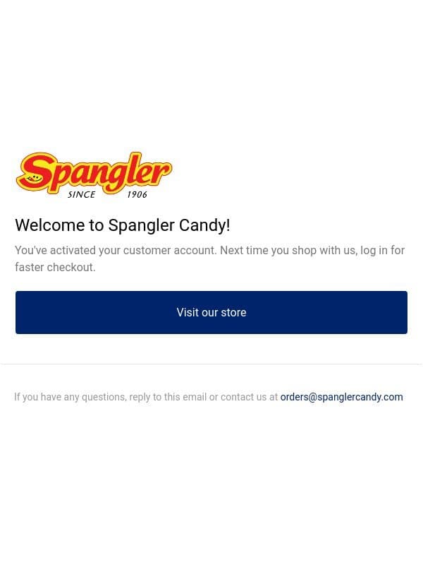 Customer account confirmation email from Spangler Candy Company