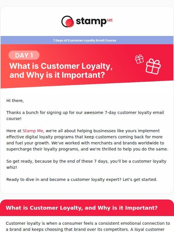 Day 1: What is Customer Loyalty, and Why is it Important? email from Stamp Me