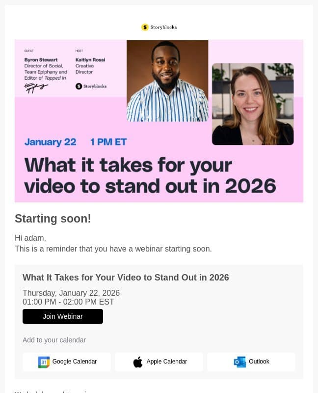 Starting soon, What It Takes for Your Video to Stand Out in 2026 email from Storyblocks
