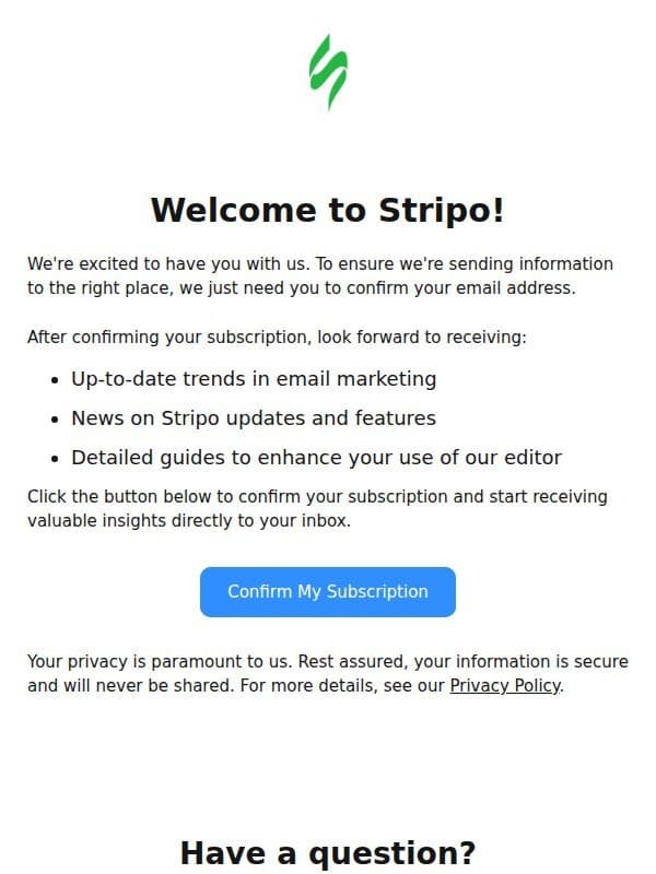 Welcome to Stripo! Confirm Your Email Subscription email from Stripo