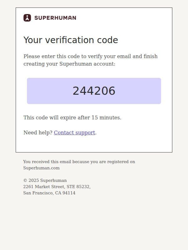 IMPORTANT: Your verification code email from Superhuman