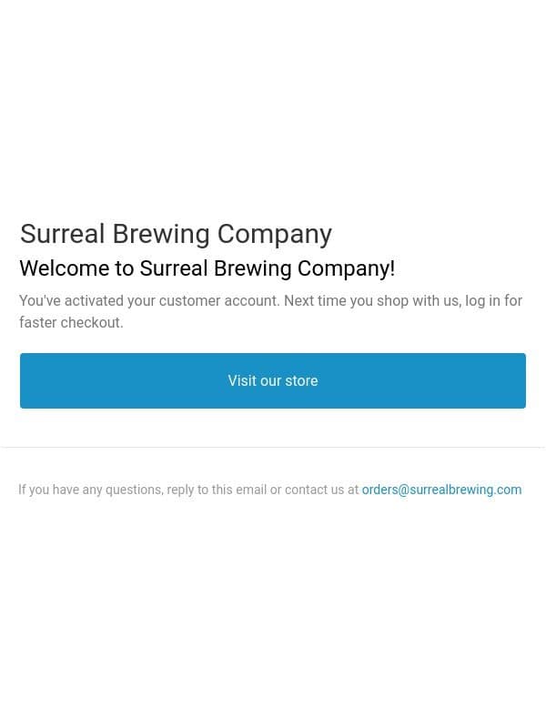 Customer account confirmation email from Surreal Brewing Co