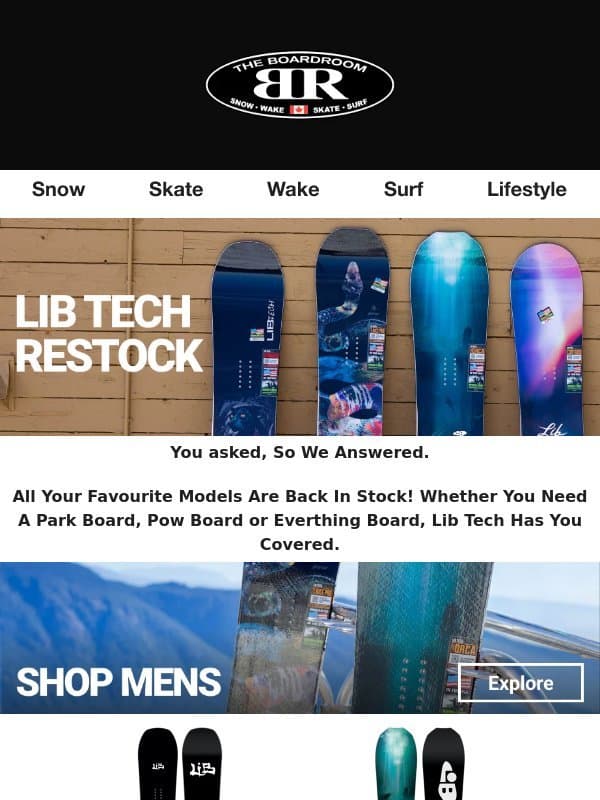 LIB TECH RESTOCK! email from The Boardroom
