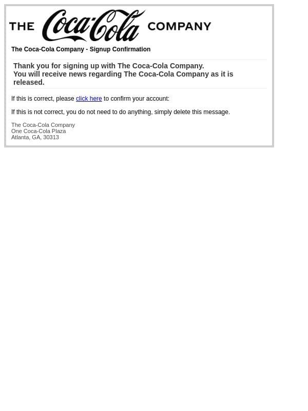 The Coca-Cola Company - Signup Confirmation email from The Coca-Cola Company