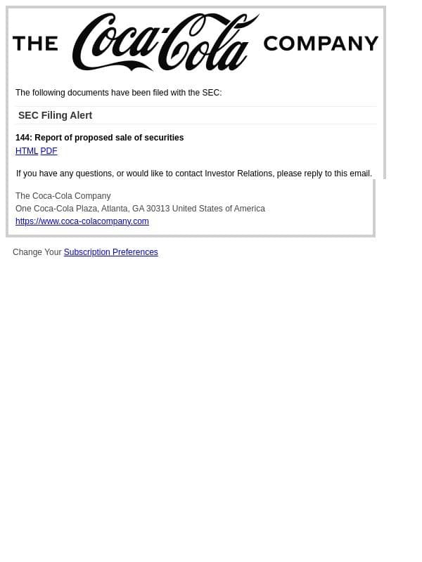 SEC Filing Alert for The Coca-Cola Company email from The Coca-Cola Company