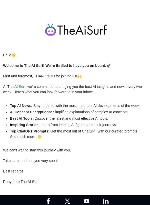 Welcome to The AI Surf! email from Theaisurf