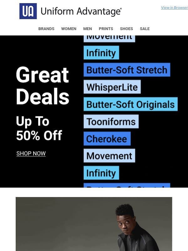 Did someone say deals up to 50% off?! email from Uniform Advantage